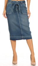 Load image into Gallery viewer, The Stacy Bow Tie Belted Denim Midi Skirt

