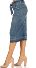 Load image into Gallery viewer, The Stacy Bow Tie Belted Denim Midi Skirt
