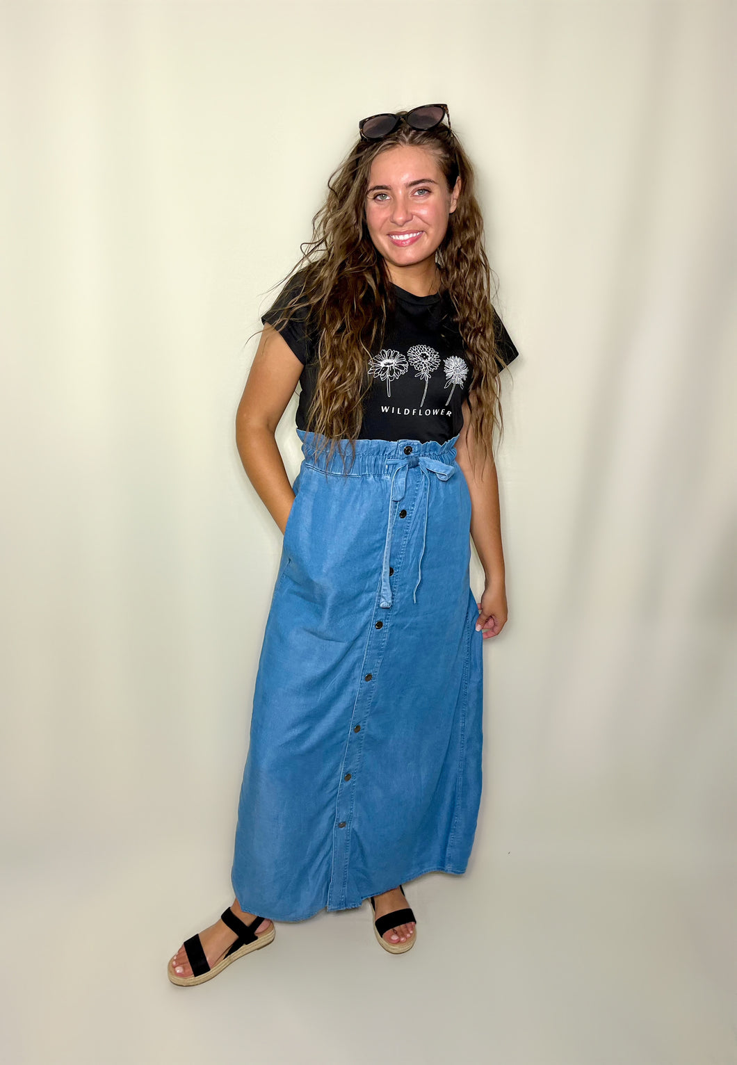 modest denim maxi skirt
