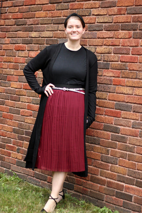 high waisted burgundy chiffon pleated skirt