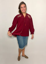 Load image into Gallery viewer, burgundy long sleeve top with floral embroidery
