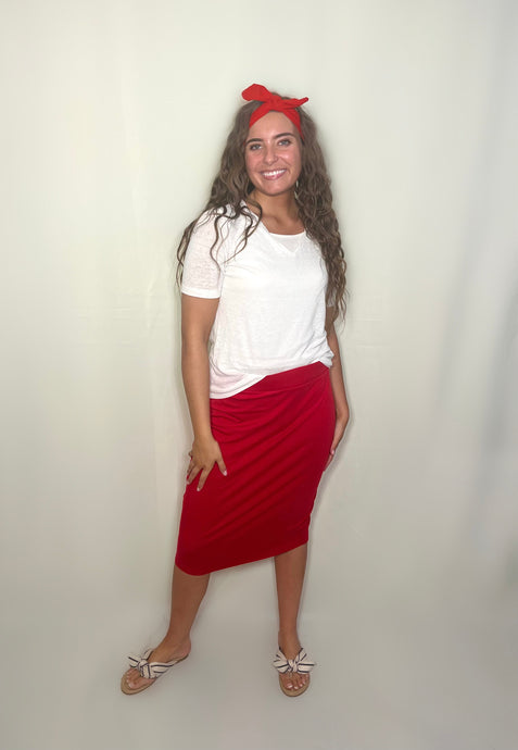 red knit midi pencil skirt