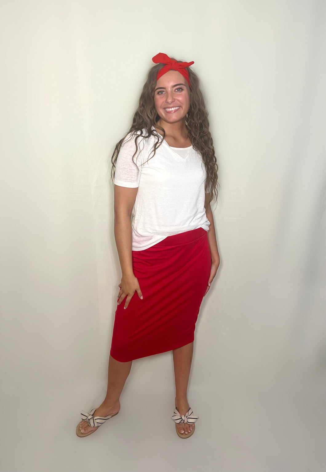 red knit midi pencil skirt
