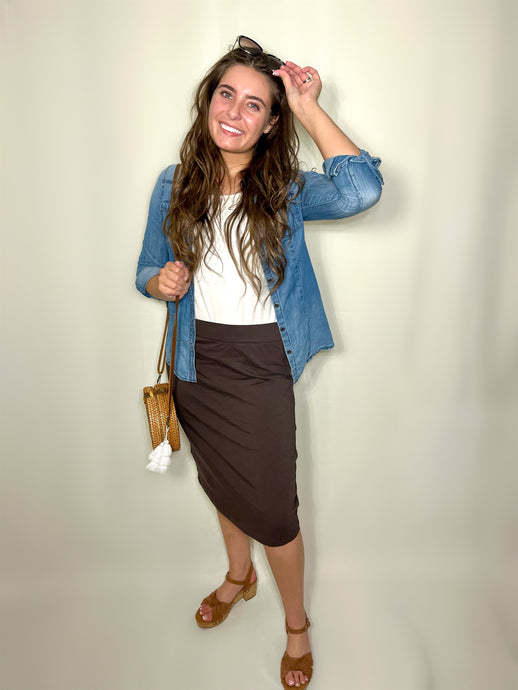 brown knee length pencil skirt