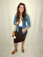 Load image into Gallery viewer, brown modest skirt knee length
