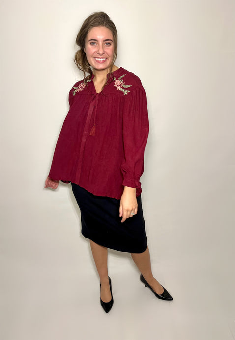 red long sleeve blouse with floral embroidery
