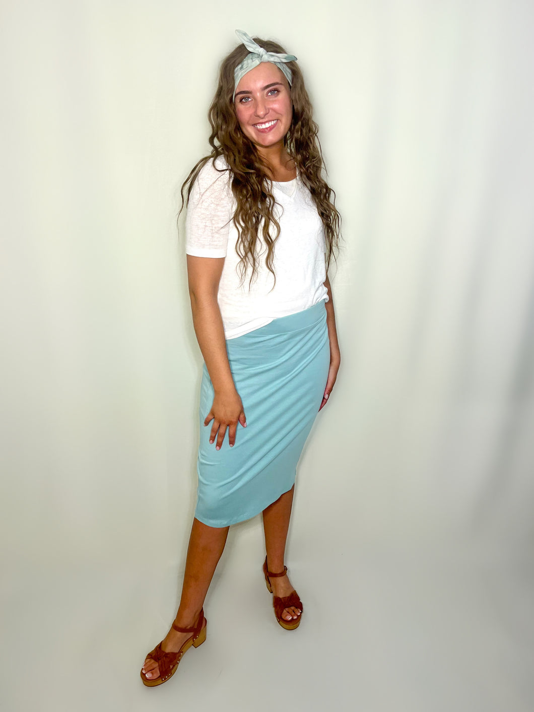dusty green knit pencil skirt