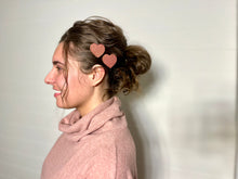 Load image into Gallery viewer, Sparkle Pink heart shaped handmade wood hair clips
