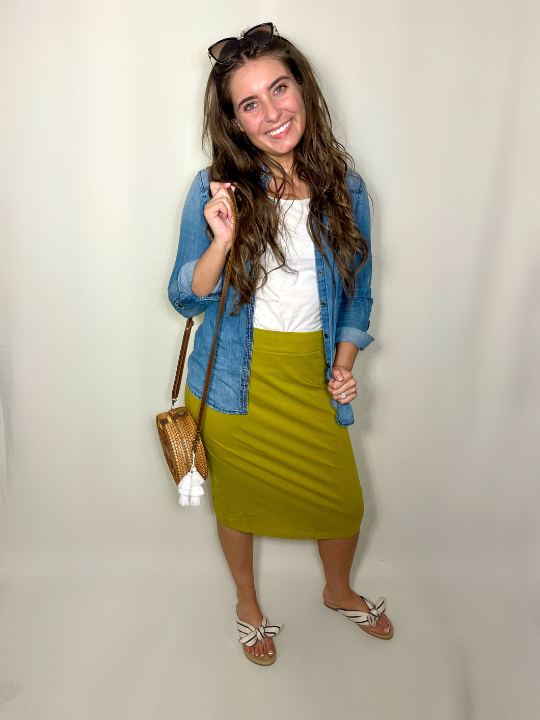 olive knit pencil skirt knee length